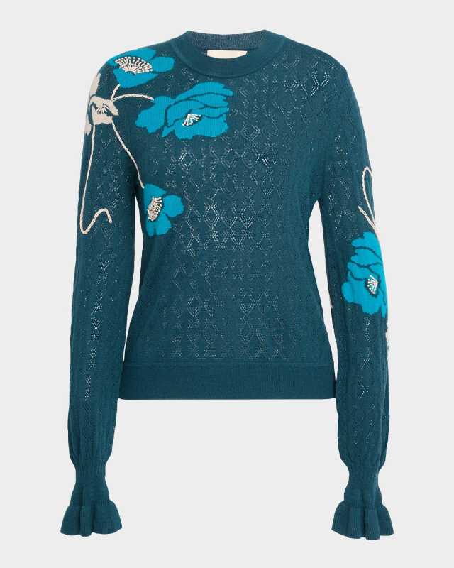 Patricia Ruffle-Cuff Pointelle Knit Sweat